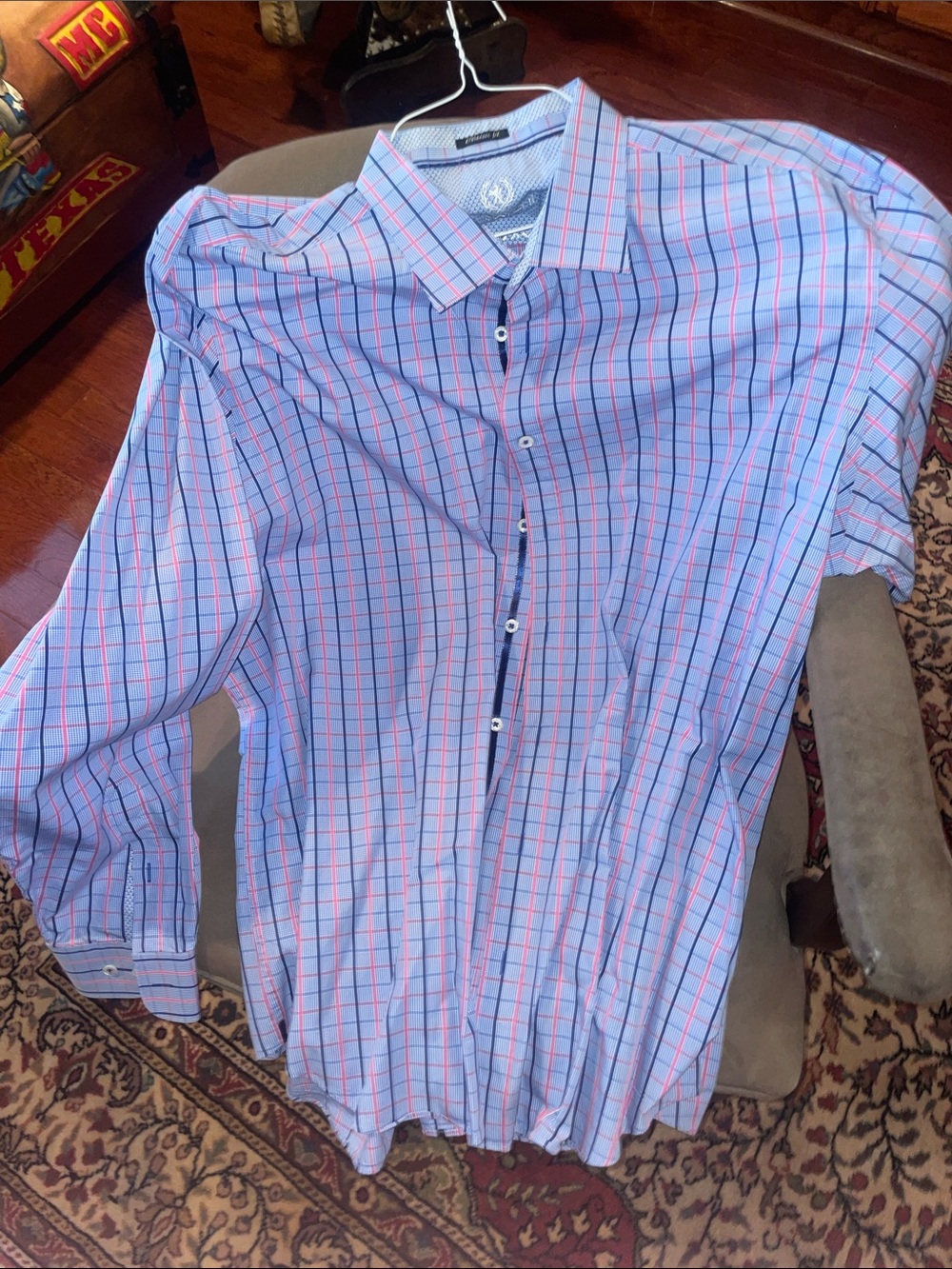 Bugatchi Blue Dress Shirt with Pink & Navy Windowpane